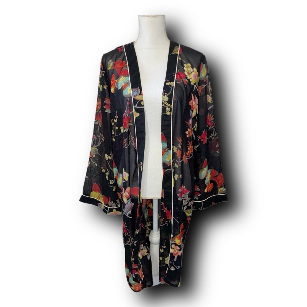 Moon Orchid Womens Floral Bird Kimono Sleeve Bohemian Open Front Cover-Up